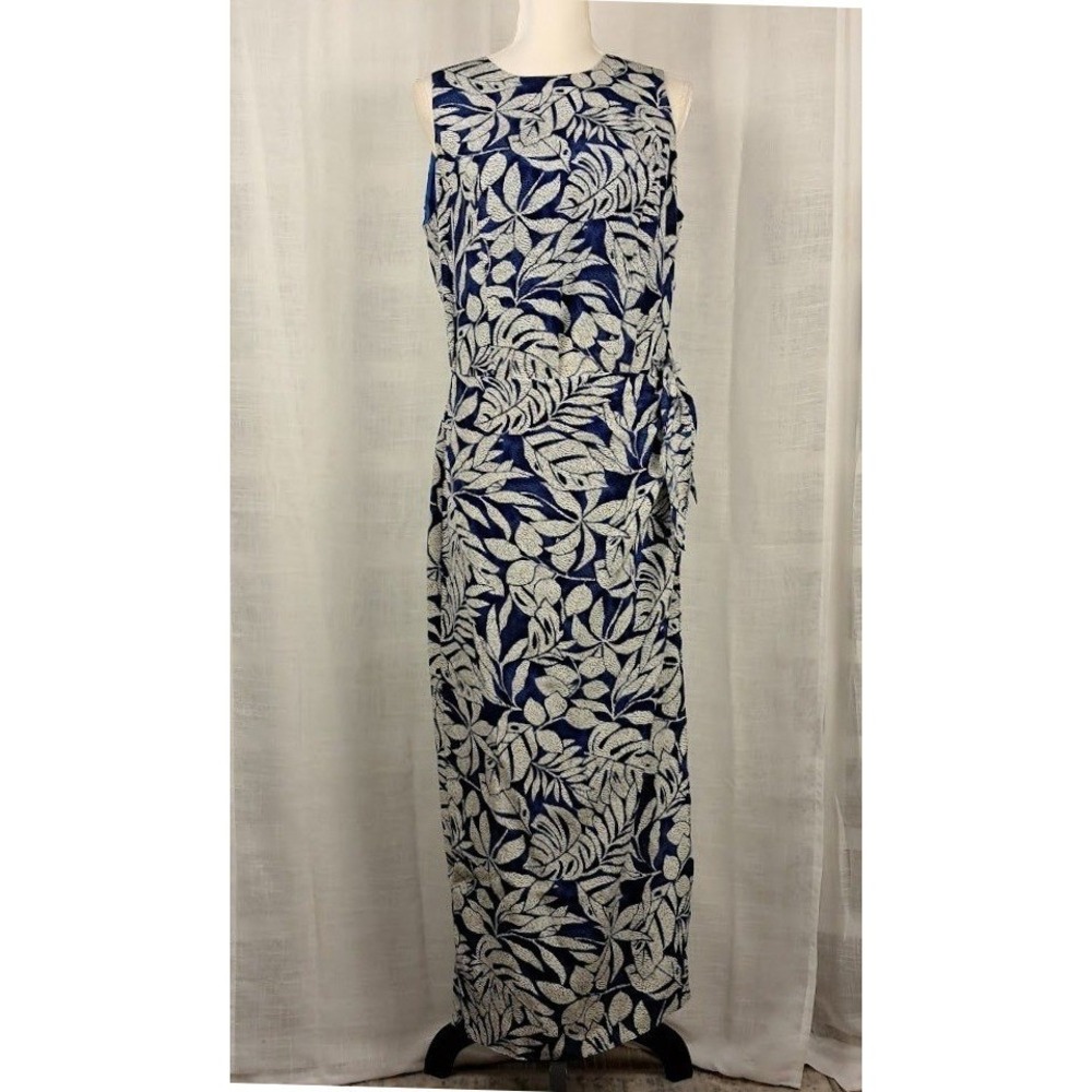 Spenser Jeremy Vtg 90s Blue White Tropical Print Silk Faux Wrap Maxi Dress 14